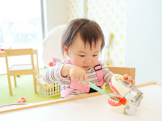 歯の模型で遊ぶ女児